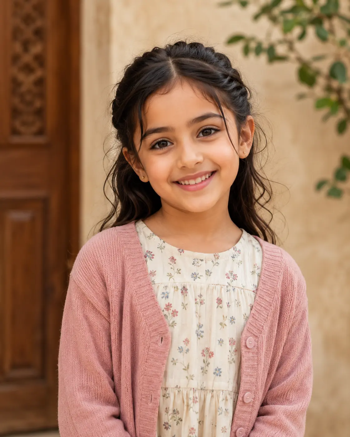طفلة بشعر أسود مجدول ترتدي سترة وردية